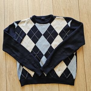 Brandy Melville Argyle Crewneck Long Sleeve Cotton Sweater - Black, Cream, Blue